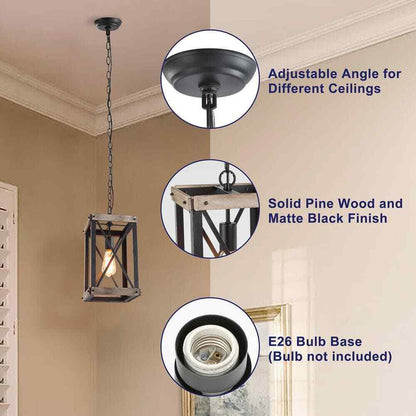 LNC Black Rustic Wood Cage Pendant Light