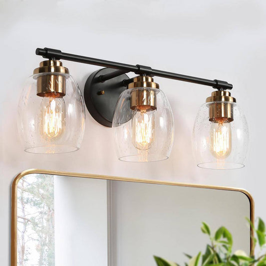 Uolfin Black Vanity Light 24.4 in. 3-Light Brass Gold Bell Vanity w/Seeded Glass