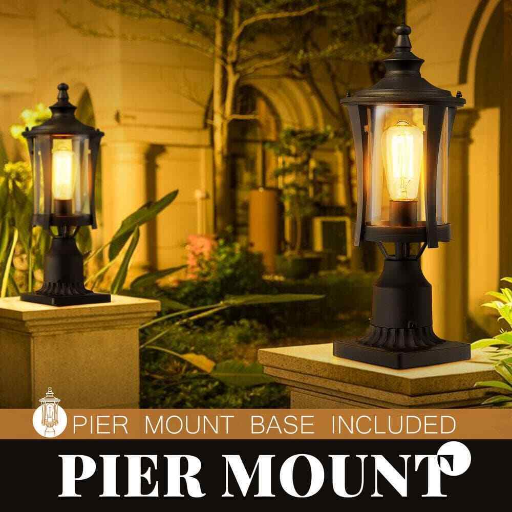 JAZAVA 1-Light Black Outdoor Pier Mount Post Lantern Lamp Lights 2 Pack