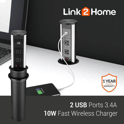 Link2Home 2-Outlets Automatic Pop Up Socket w/10-Watt Induction Wireless Charger