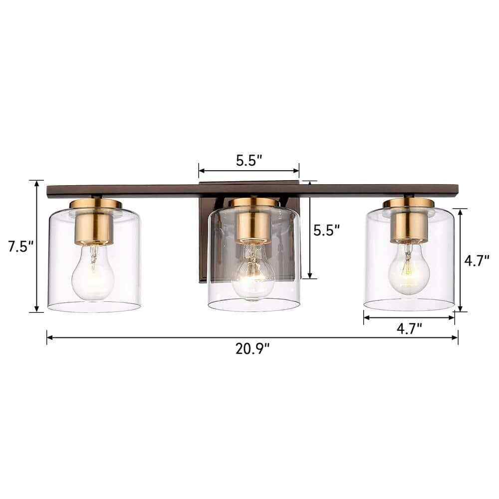 JAZAVA 20.9 in. 3Oil Rubbed Bronze and Gold Finish Vanity Light w/ Glass Shade