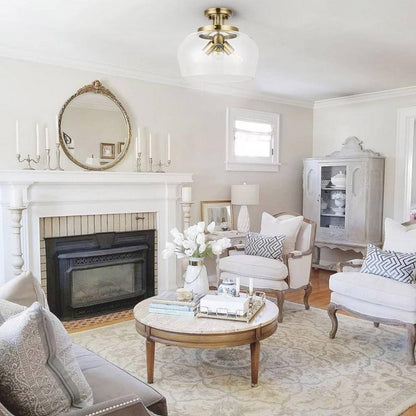 Merra 11 in. 3-Light Antique Brass Semi-Flush Mount Ceiling Light w/ Glass Shade
