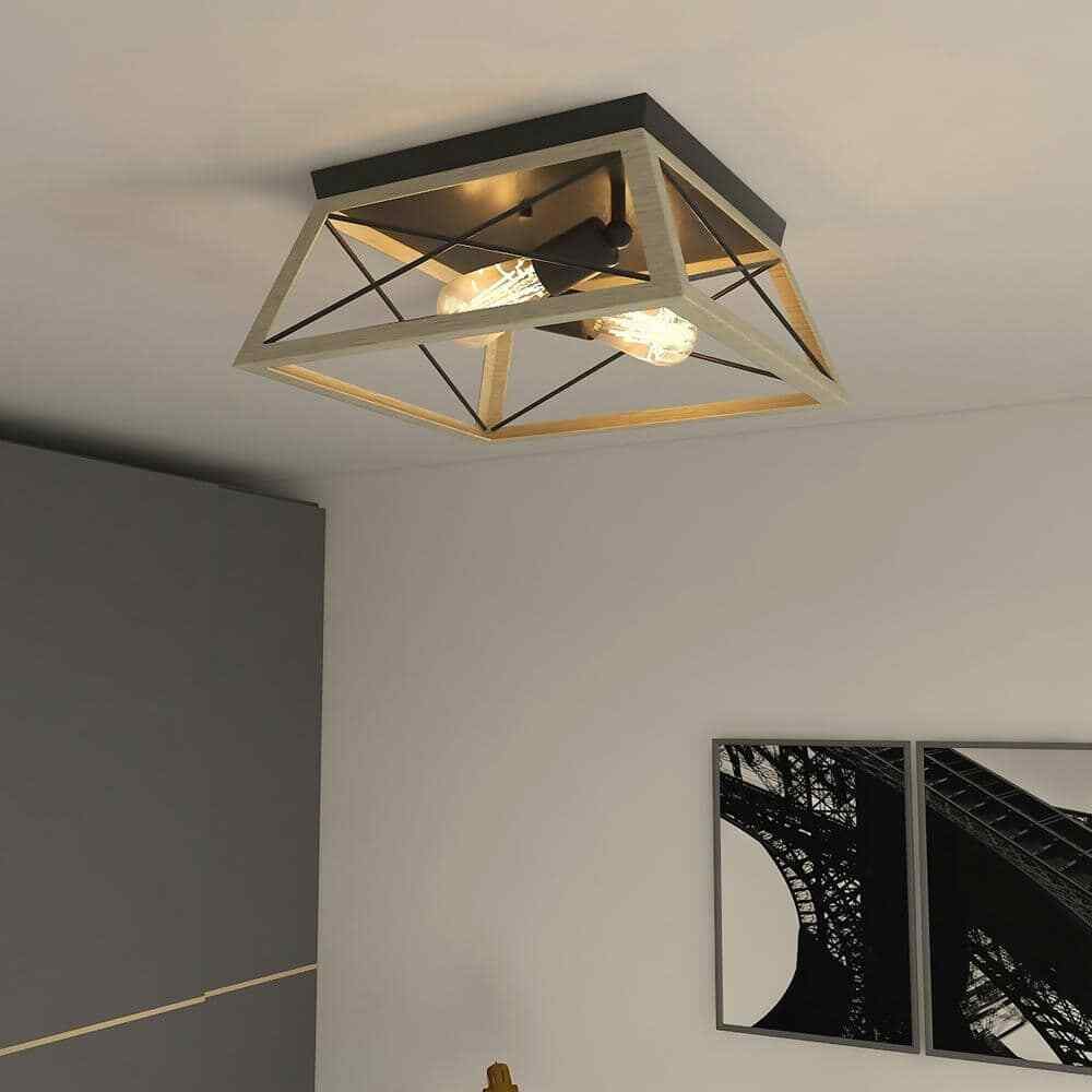Pia Ricco 12 in. 2-Light Matte Black and Ocean View Oak Flush Mount