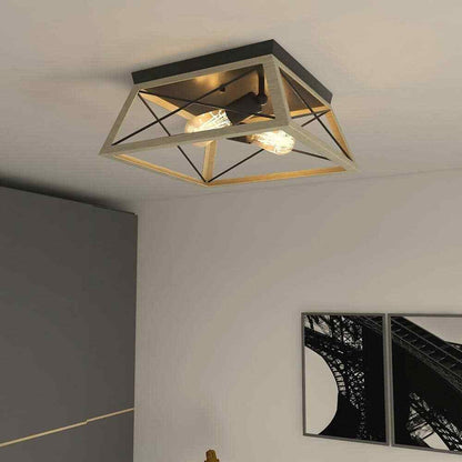 Pia Ricco 12 in. 2-Light Matte Black and Ocean View Oak Flush Mount