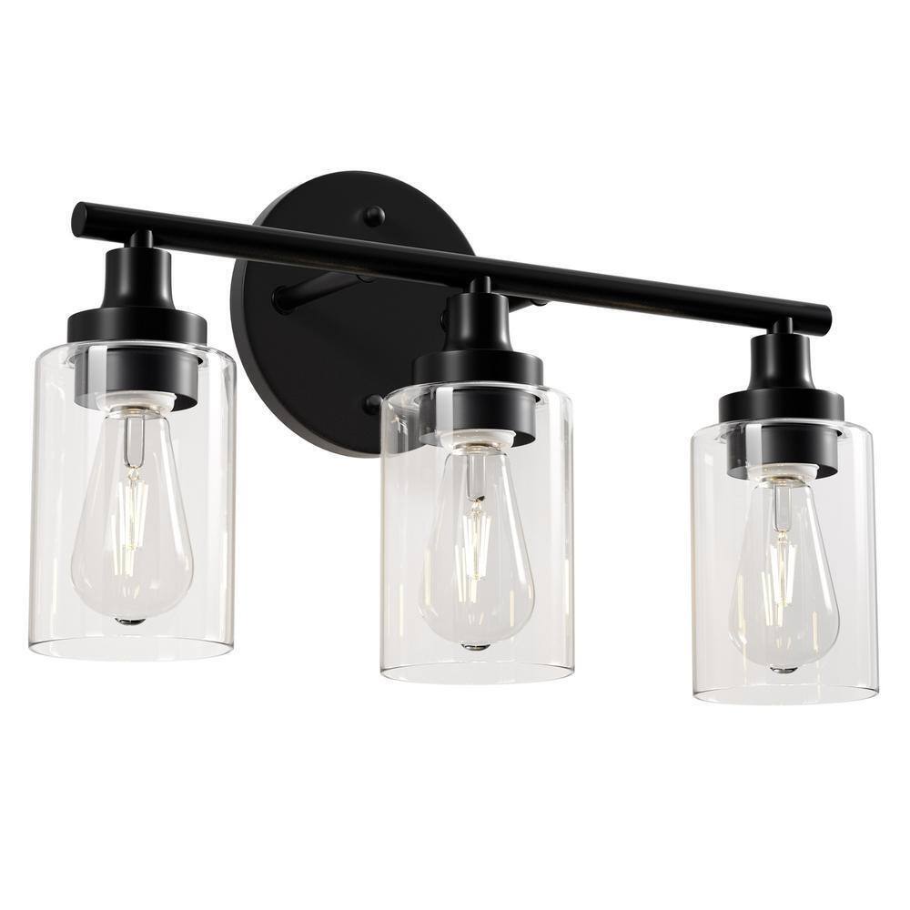 Merra 17 in. 3-Light Modern Matte Black Vanity-Light with Clear Glass Shade