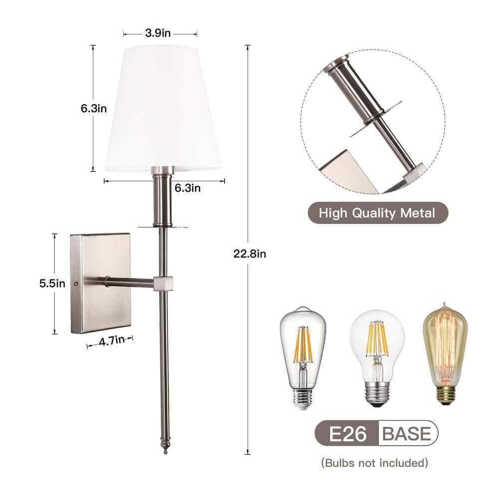 LamQee 1-Light Satin Nickel Wall Sconce with White Fabric Shade