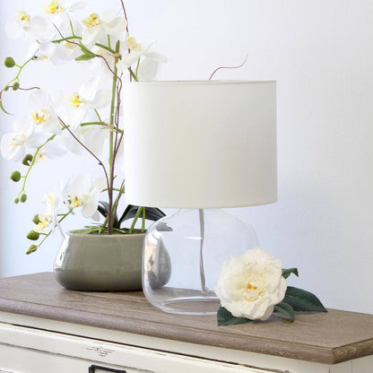 Simple Designs 13.75 in. Clear Glass Table Lamp with White Fabric Shade