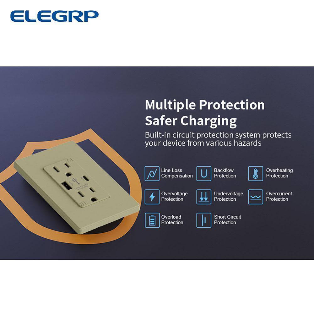 ELEGRP 25-Watt 15 Amp Type A and C Dual USB Charger w/ Duplex Outlet, Ivory