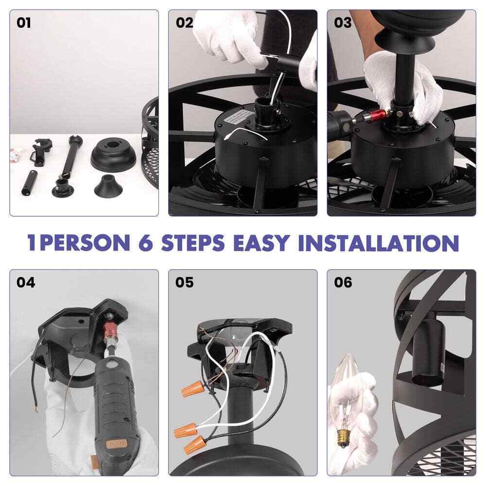 ANTOINE 17 in. Black Ceiling Fan Farmhouse Caged Ceiling Fan w/ Lights + Remote
