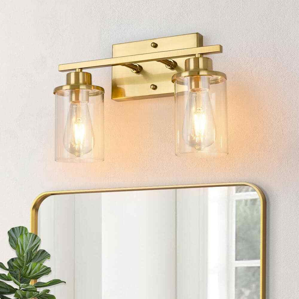GoYeel 2 Light Gold Bathroom Vanity Light w/ Cylinder Glass Shade