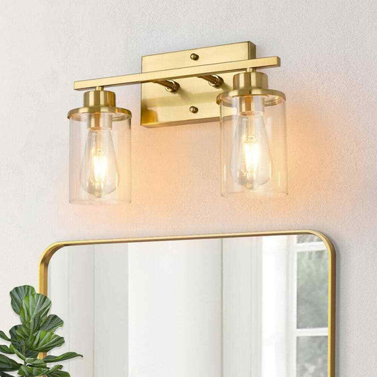 GoYeel 2 Light Gold Bathroom Vanity Light w/ Cylinder Glass Shade