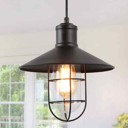 LNC Black Metal Wire Cage Pendant w/ Clear Glass Shade