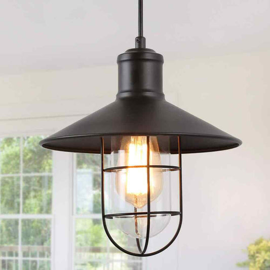 LNC Black Metal Wire Cage Pendant w/ Clear Glass Shade
