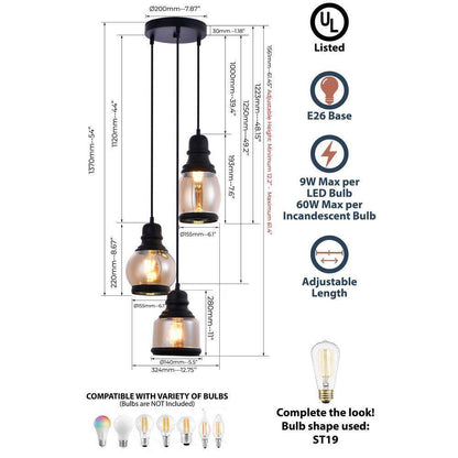 LAZZUR Vaige 13 in. 3-Light Matte Black Pendant with Amber Glass Shade