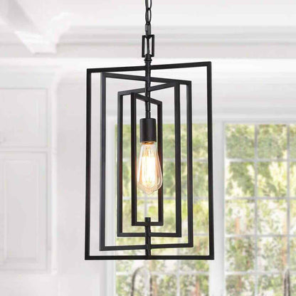 Uolfin 1-Light Black Geometric Light Fixture for Kitchen Island with Swing Frame