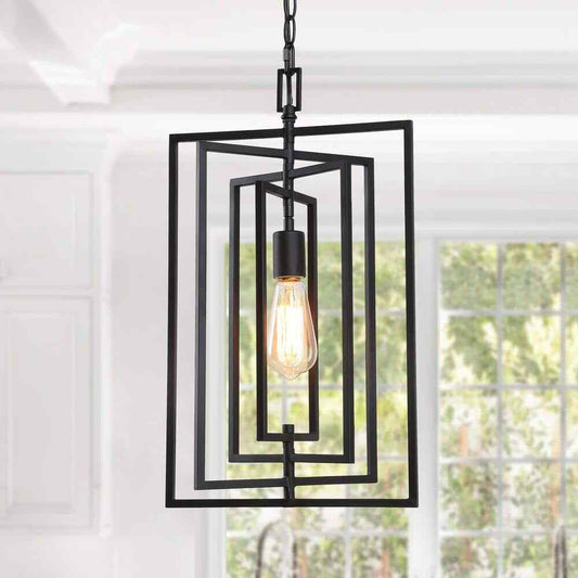 Uolfin 1-Light Black Geometric Light Fixture for Kitchen Island with Swing Frame