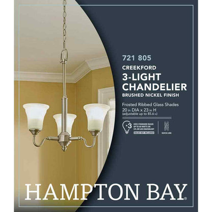 Hampton Bay Creekford 3-Light Brushed Nickel Chandelier w/ Frosted Glass Shades