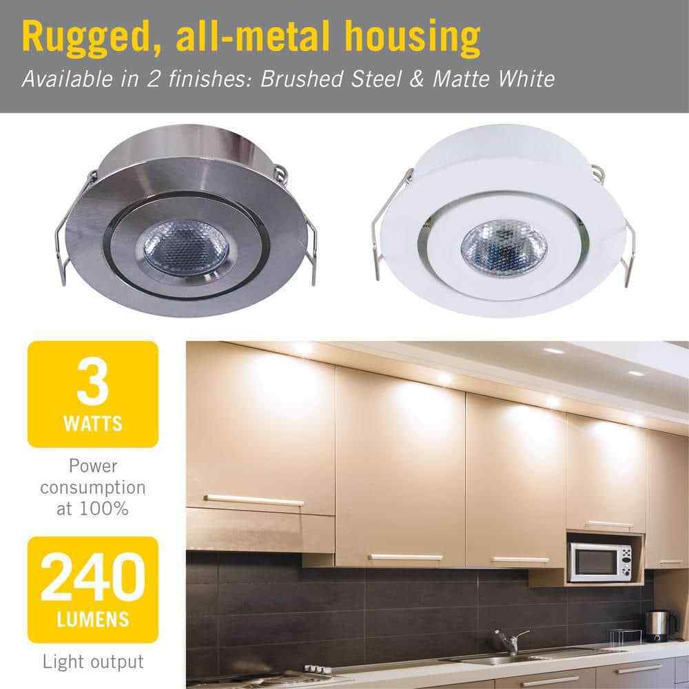 Armacost Lighting 2 in. Soft White Recessed LED Swivel Puck Light Brushed Steel