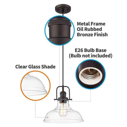 JAZAVA 1-Light Oil Rubbed Bronze Finish Farmhouse Pendant Light w/ Glass Shade