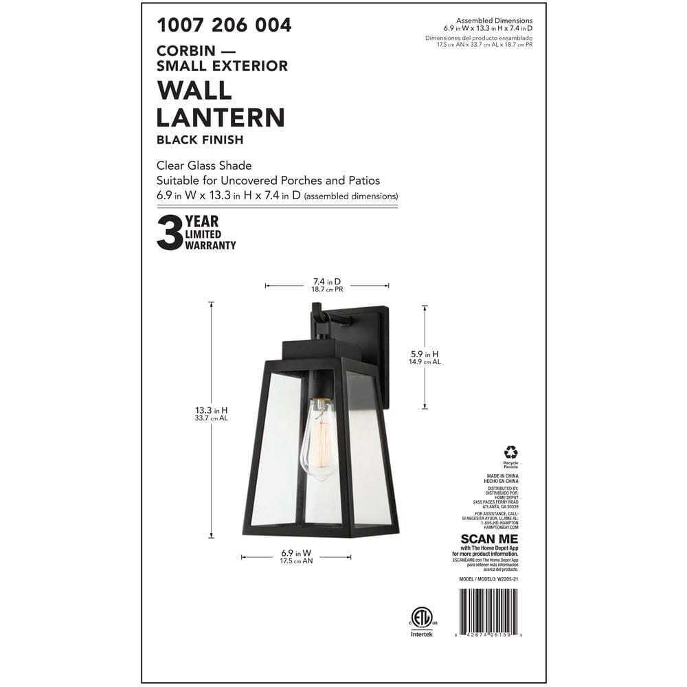 Hampton Bay Corbin Medium 13 in. Modern Black Outdoor Wall Lantern Sconce