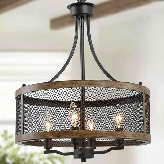 LALUZ Black Farmhouse 4-Light Drum Bronze Modern Round Chandelier Island Light