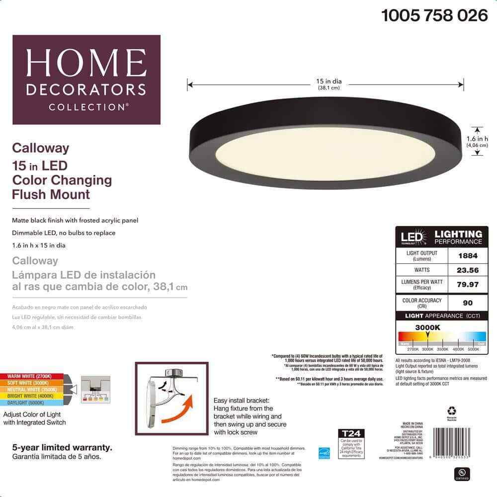 Home Decorators Calloway 15 in. Matte Black Selectable LED Flush Mount