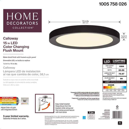 Home Decorators Calloway 15 in. Matte Black Selectable LED Flush Mount