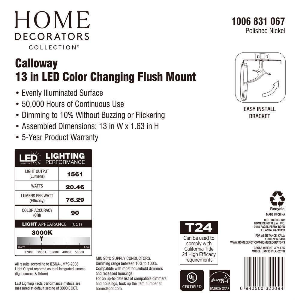 Home Decorators Calloway 13 in. Polished Nickel LED 5CCT Flush Mount