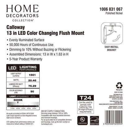 Home Decorators Calloway 13 in. Polished Nickel LED 5CCT Flush Mount