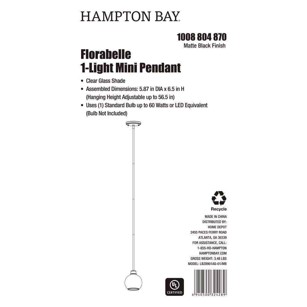 Hampton Bay Florabelle 6 in. Mini-Pendant Matte Black Clear Globe Glass Shade