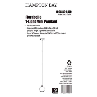 Hampton Bay Florabelle 6 in. Mini-Pendant Matte Black Clear Globe Glass Shade