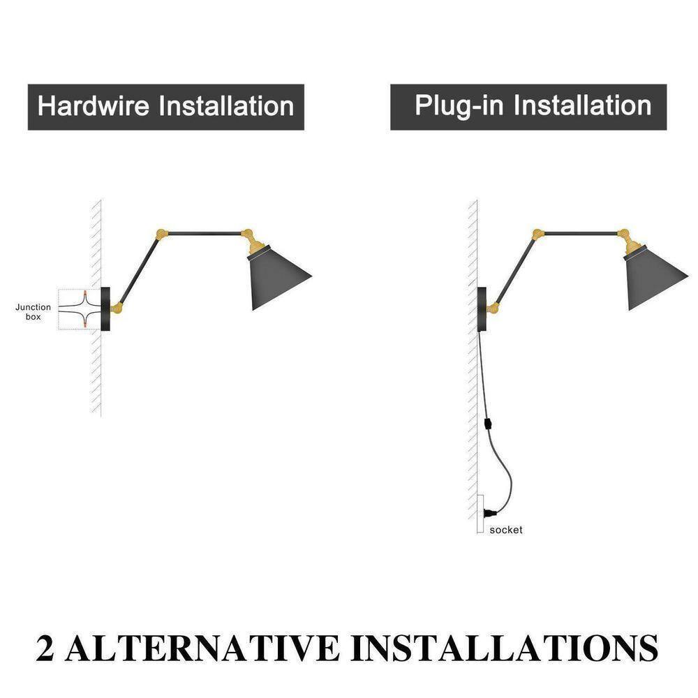 LNC Black Plug-In or Hardwire Modern Industrial Swing Arm Wall Light Sconce