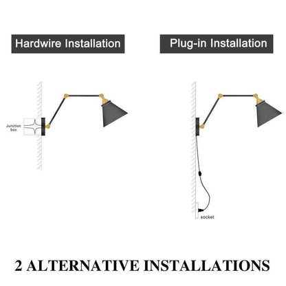 LNC Black Plug-In or Hardwire Modern Industrial Swing Arm Wall Light Sconce