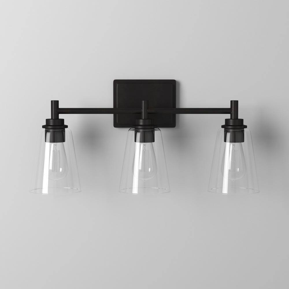 Hampton Bay Wakefield 22 in. 3-light Matte Black Vanity with Clear Glass Shades