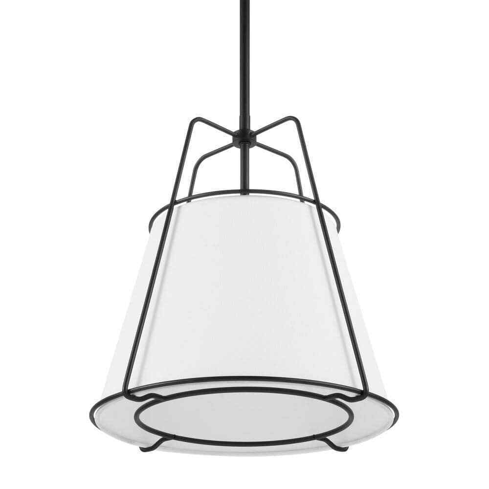 Home Decorators Havenport 2-Light Matte Black Pendant with White Fabric Shade