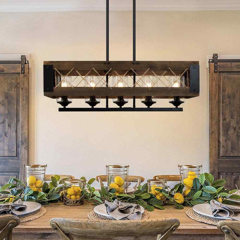 LNC Modern Farmhouse 32 in. W Black Rectangular 5 Light Dining Room Chandelier