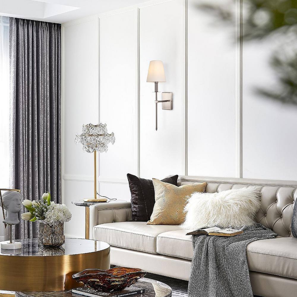 LamQee 1-Light Satin Nickel Wall Sconce with White Fabric Shade