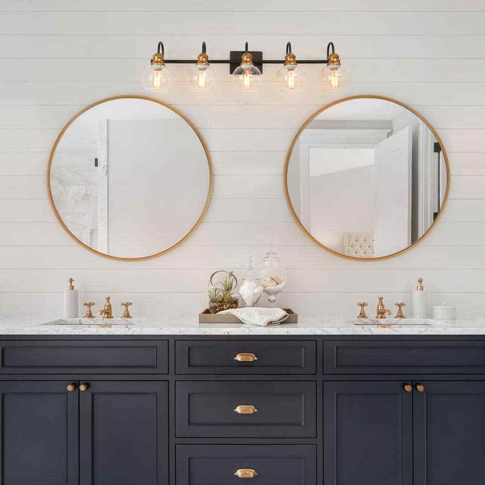 LNC 5-Light Aged Brass Vanity Light w/ Black Linear Frame and Clear Glass Globes