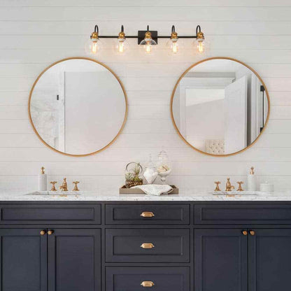 LNC 5-Light Aged Brass Vanity Light w/ Black Linear Frame and Clear Glass Globes