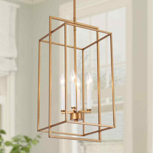 LNC Vintage Brushed Gold Candlestick Island Chandelier w/ Geometric Cage Pendant