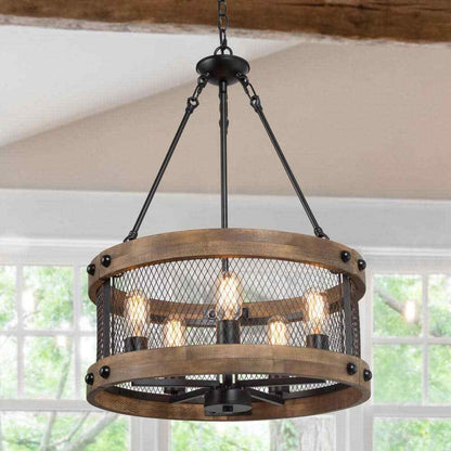 LNC Wood Drum Chandelier 5-Light Brown Candle Black Rustic Farmhouse Chandelier