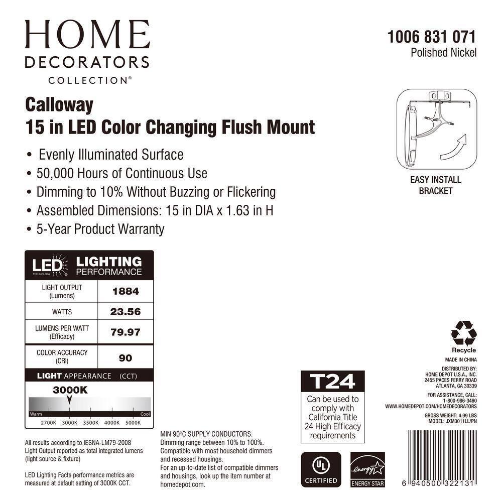 Home Decorators Calloway 15 in. Polished Nickel Integrated LED 5CCT Flush Mount