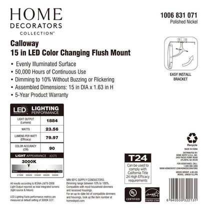 Home Decorators Calloway 15 in. Polished Nickel Integrated LED 5CCT Flush Mount