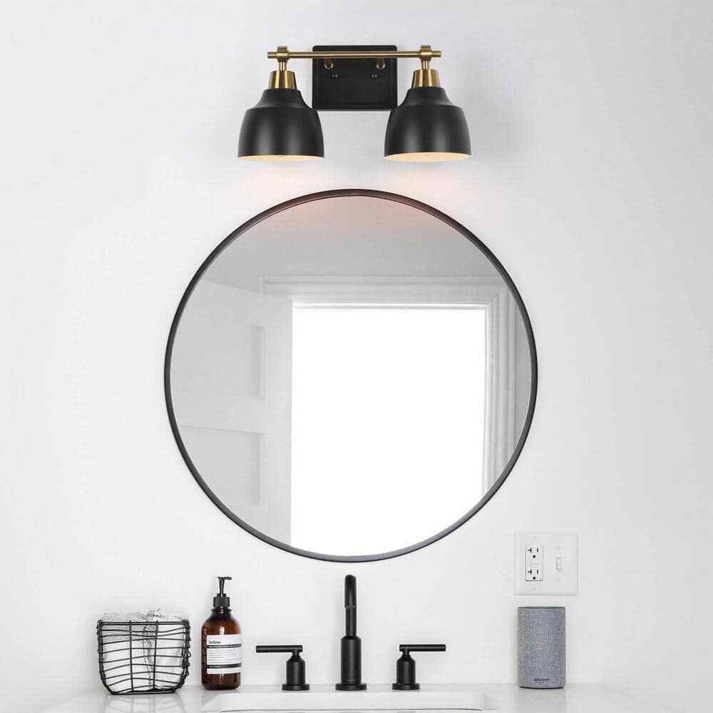 LNC Modern 14.5 in. 2-Light Black Vanity w/ Brass Plated Metal Arm + Bell Shades