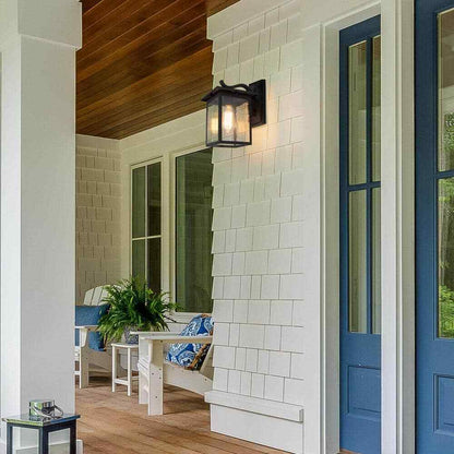 LNC Modern Textured Black Outdoor Sconce with Seeded Glass Shade