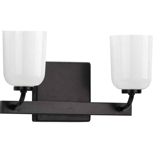 Progress Lighting Moore 2-Light Matte Black White Opal Glass Vanity Light