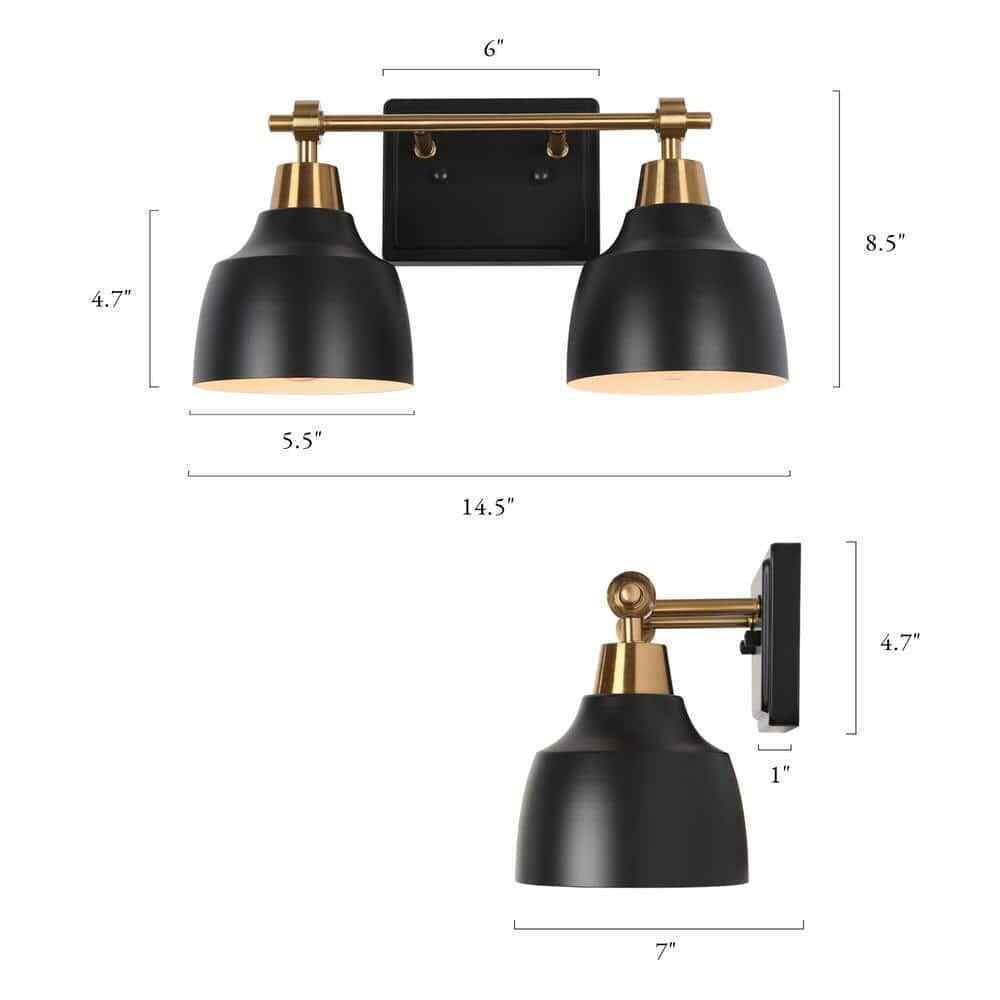 LNC Modern 14.5 in. 2-Light Black Vanity w/ Brass Plated Metal Arm + Bell Shades