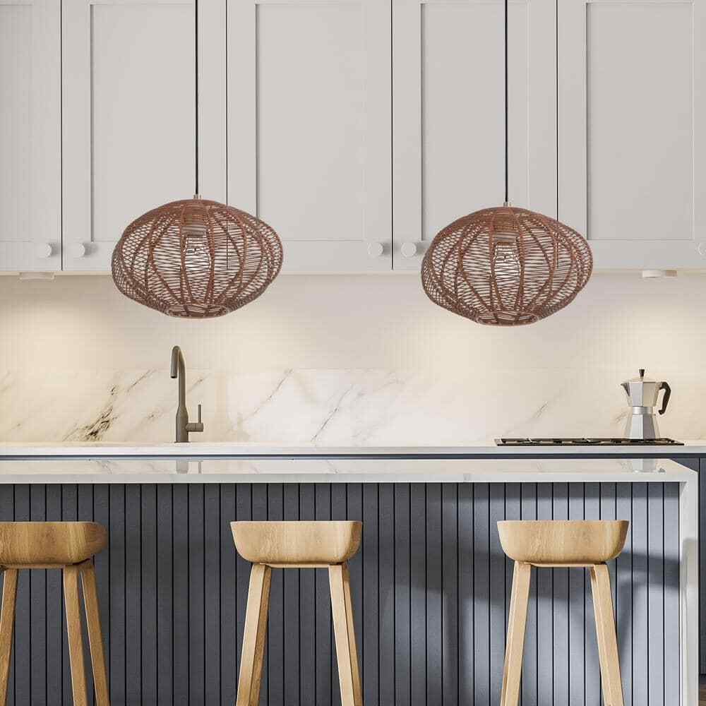River of Goods Emilia Light Bronze Hanging Pendant with Brown Woven Rattan Shade