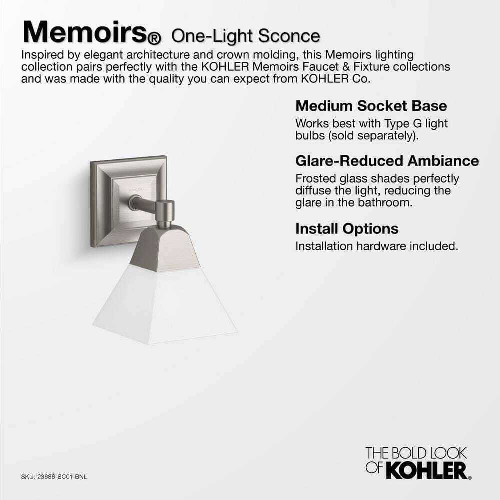 KOHLER Memoirs 1-Light Brushed Nickel Wall Sconce K-23686-SC01-BNL