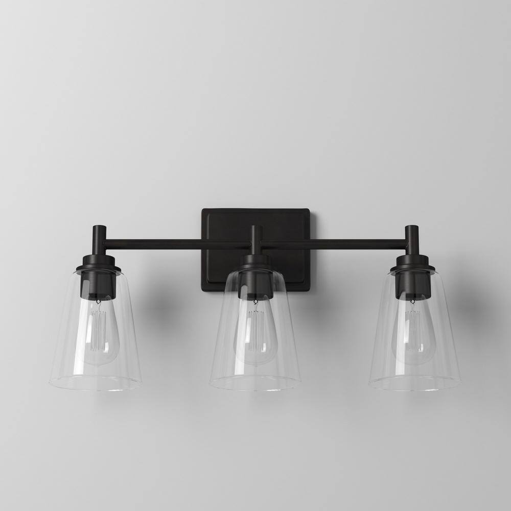Hampton Bay Wakefield 22 in. 3-light Matte Black Vanity with Clear Glass Shades